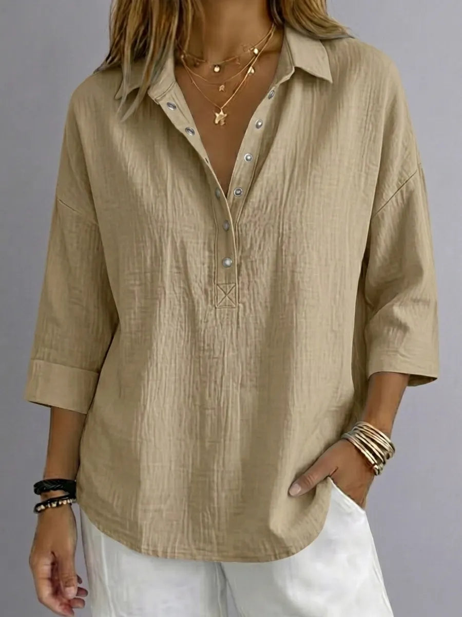 Khaki women's cotton-linen Henley shirt with 3/4 sleeves
