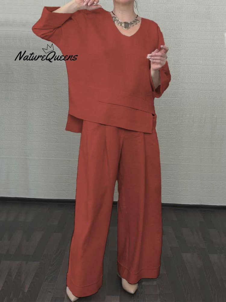 Women'S Casual Solid Color Irregular Shirt and Pats Suit