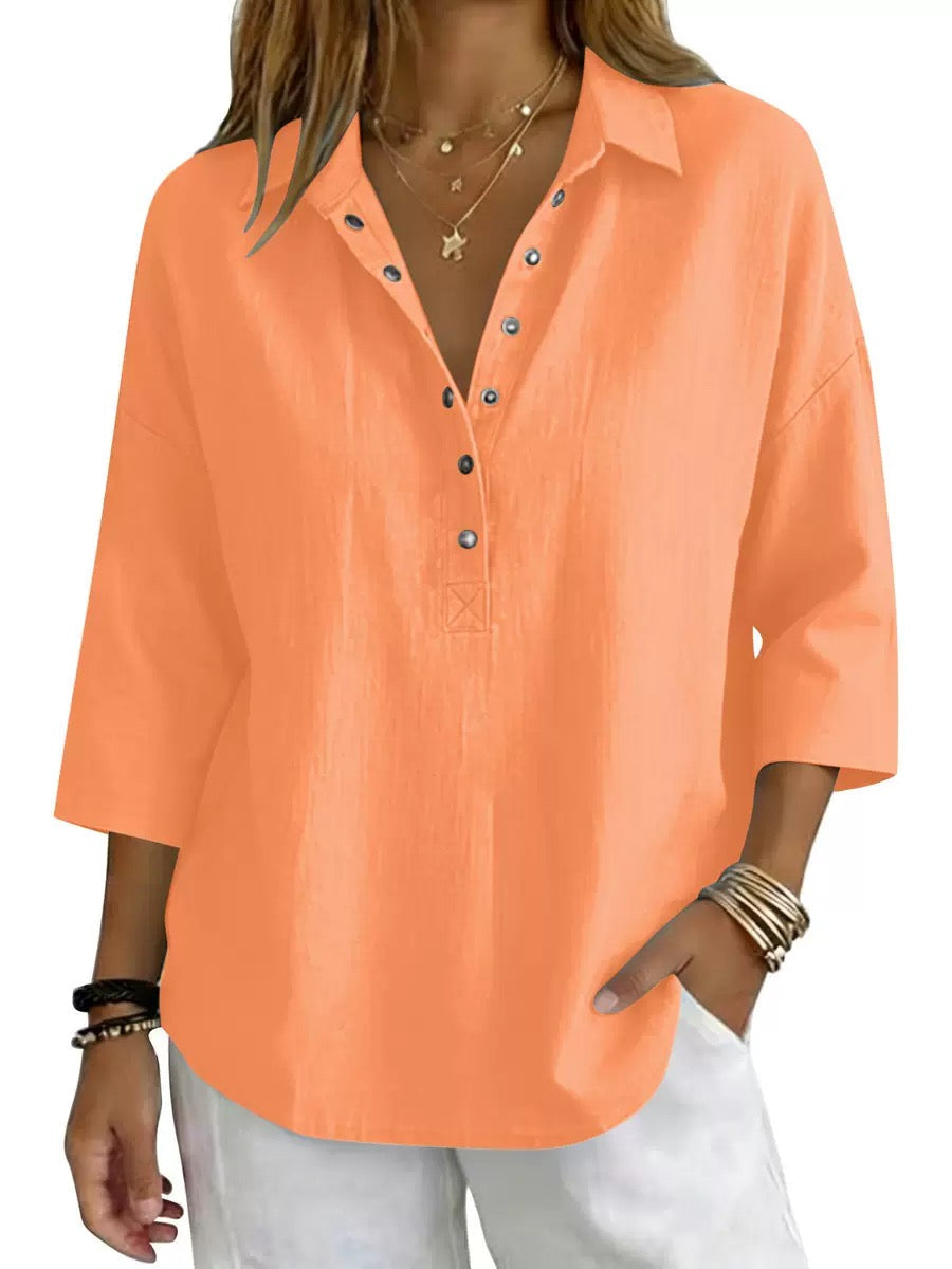 Orange women's cotton-linen Henley shirt with 3/4 sleeves