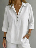 White women's cotton-linen Henley shirt with 3/4 sleeves