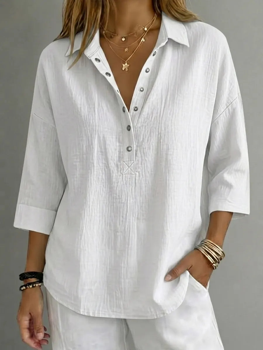 White women's cotton-linen Henley shirt with 3/4 sleeves