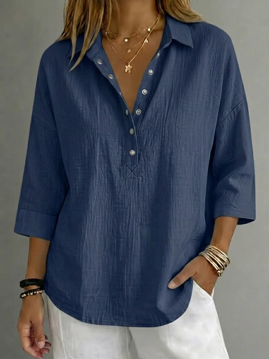 Navy women's cotton-linen Henley shirt with 3/4 sleeves