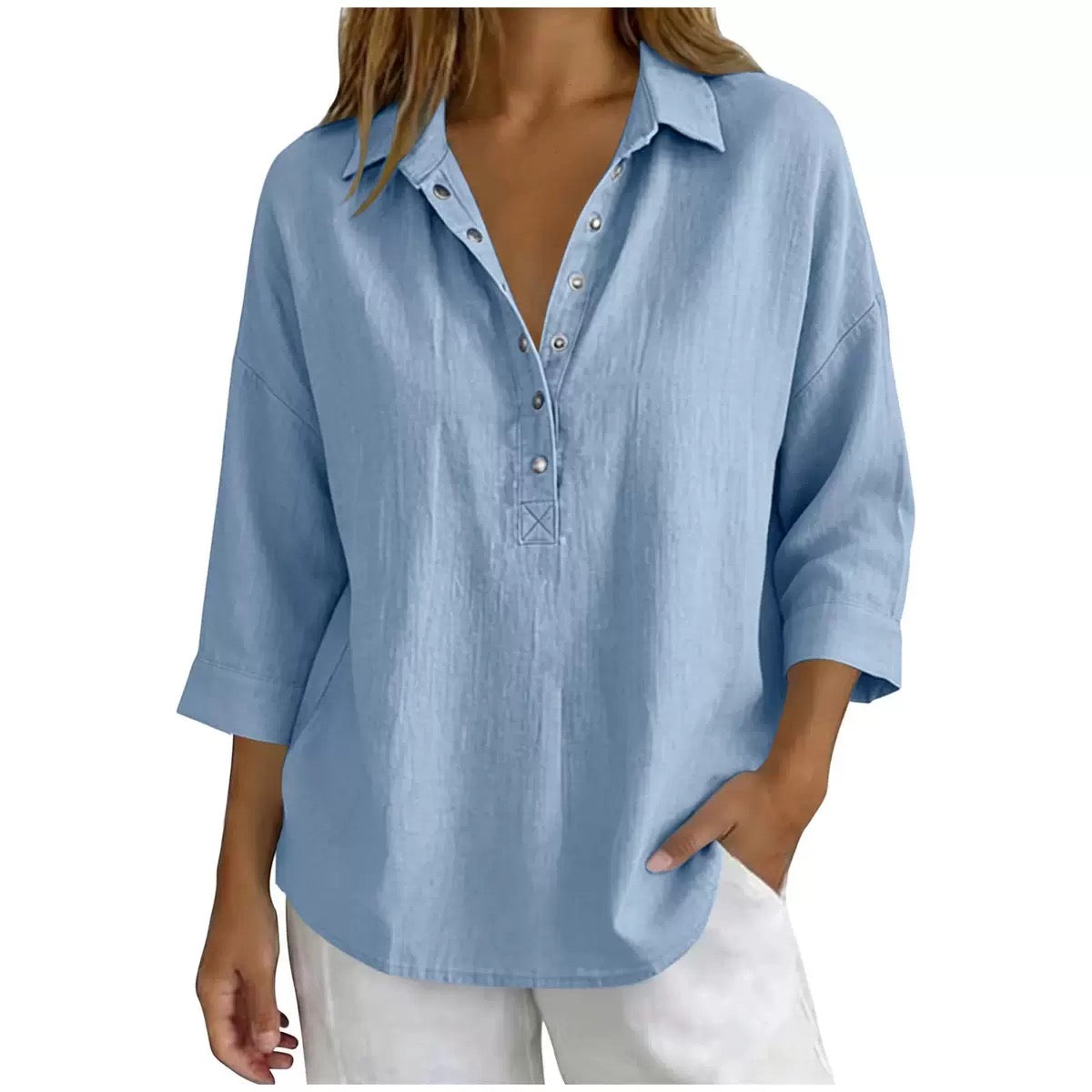 Blue women's cotton-linen Henley shirt with 3/4 sleeves