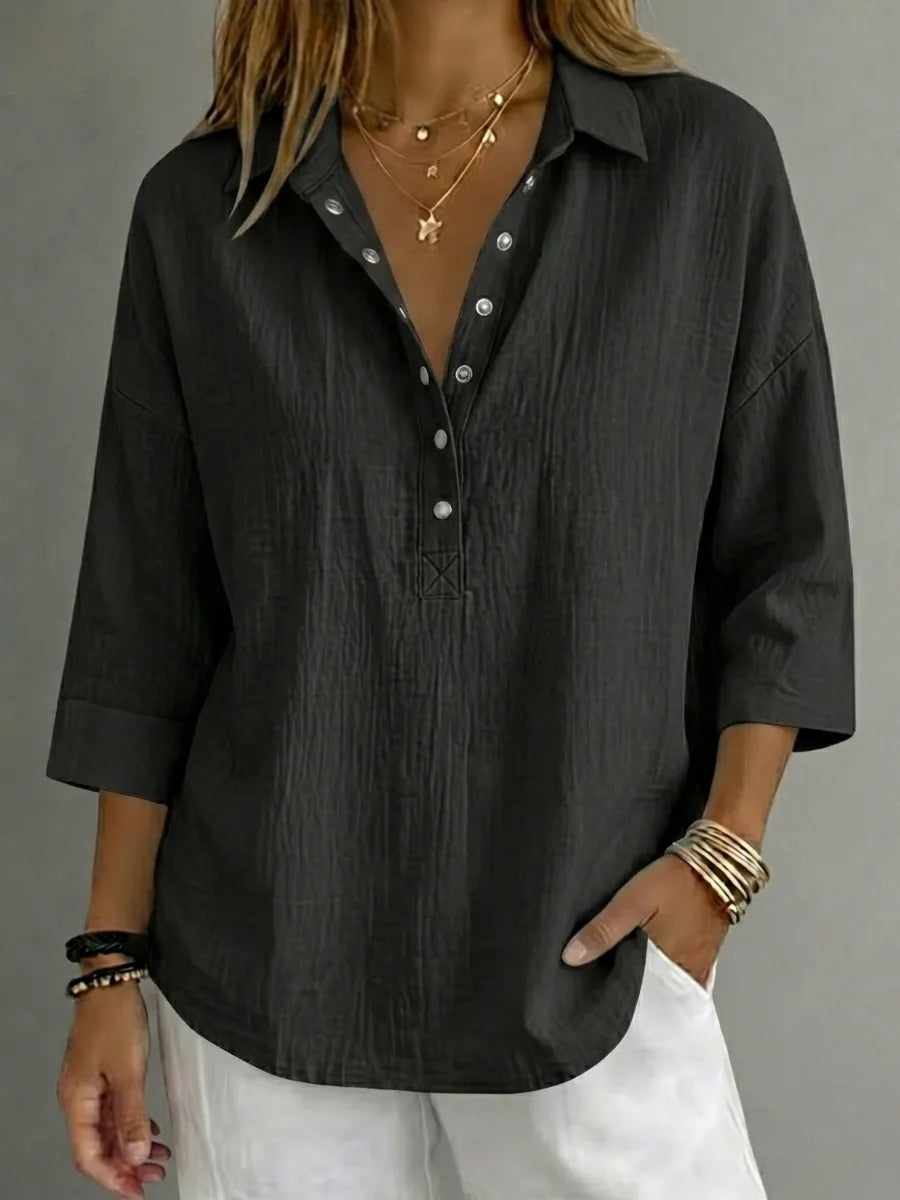 Black women's cotton-linen Henley shirt with 3/4 sleeves
