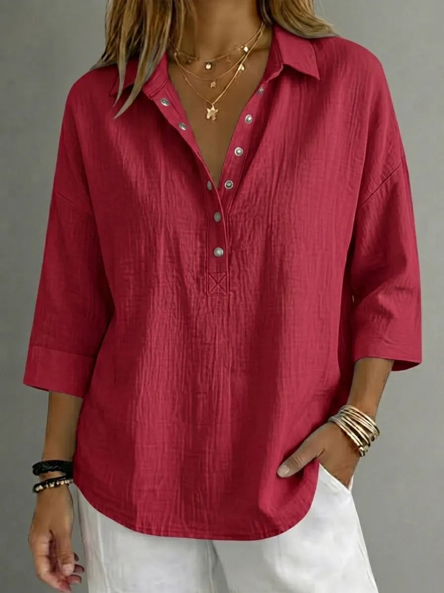 Red women's cotton-linen Henley shirt with 3/4 sleeves