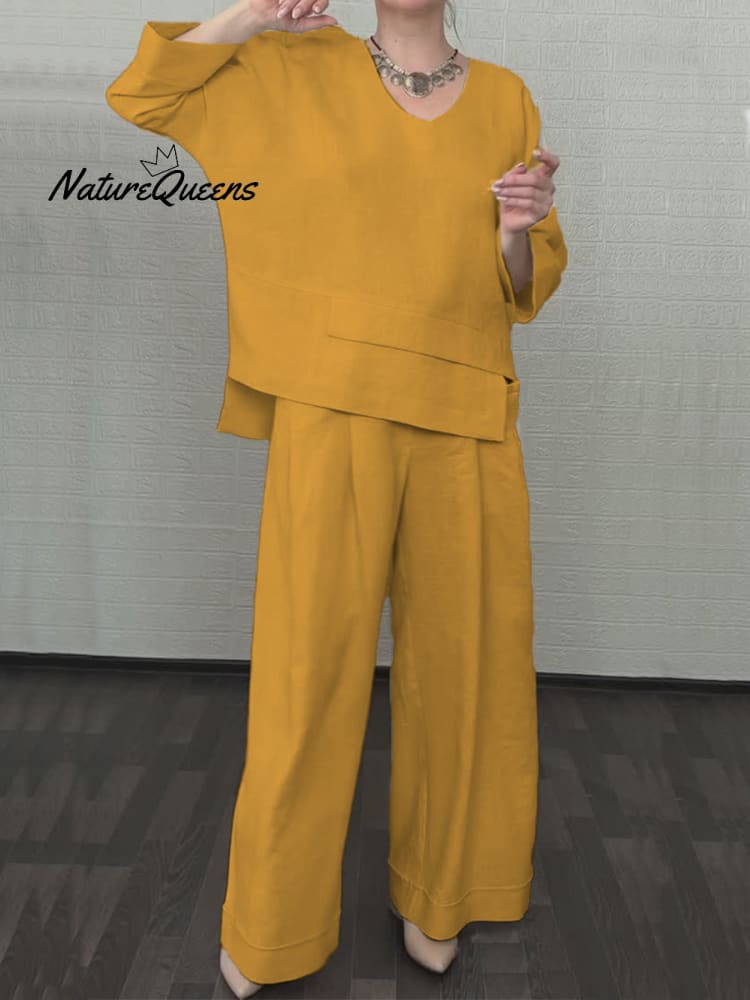 Women'S Casual Solid Color Irregular Shirt and Pats Suit
