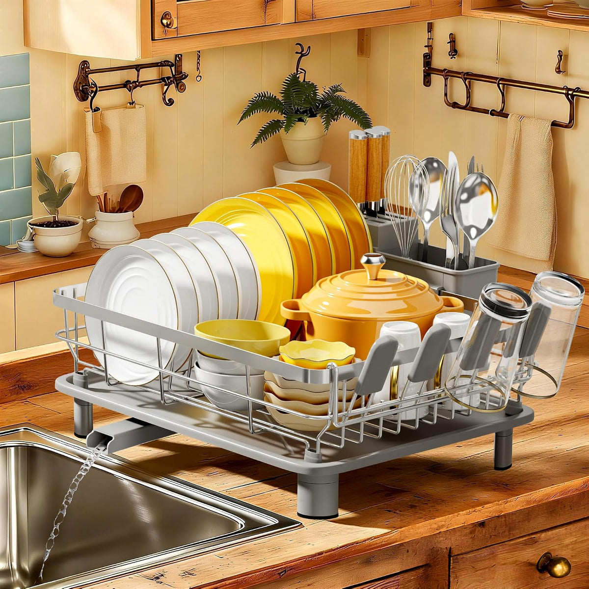 Dish Drying Rack with Drainboard for Kitchen Counter, White
