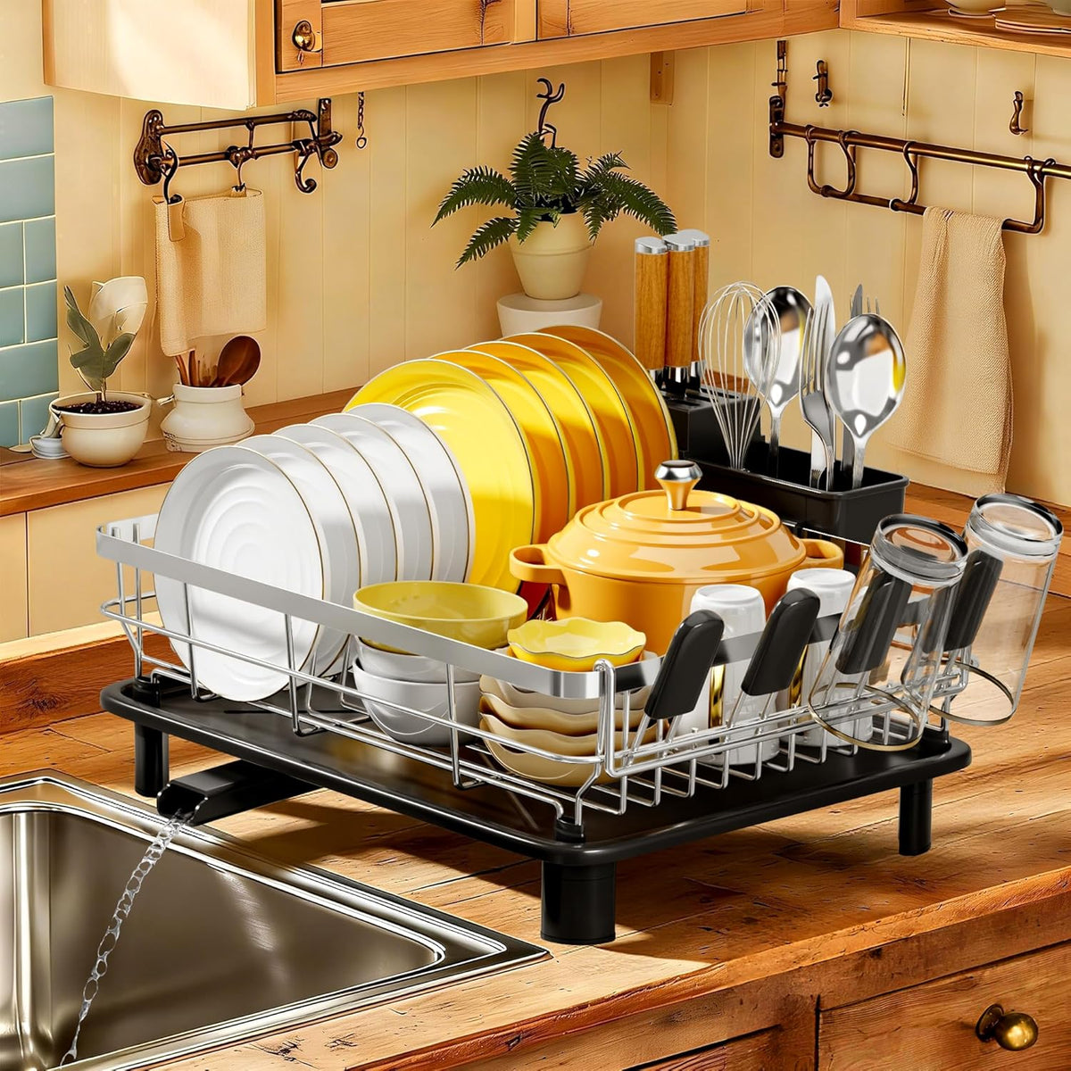 Dish Drying Rack with Drainboard for Kitchen Counter, White
