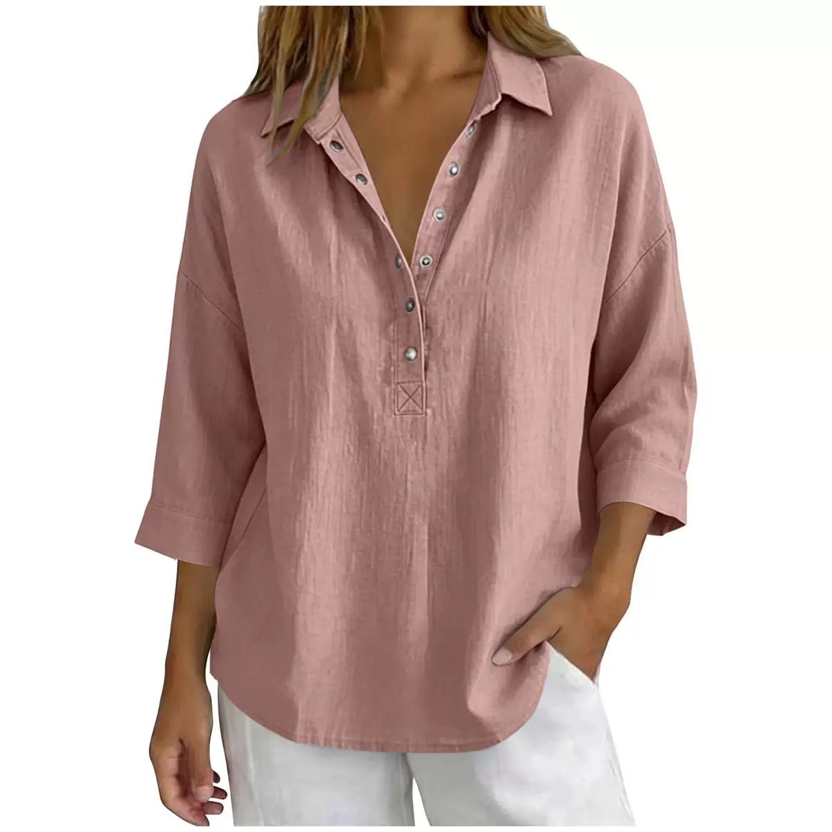 Pink women's cotton-linen Henley shirt with 3/4 sleeves