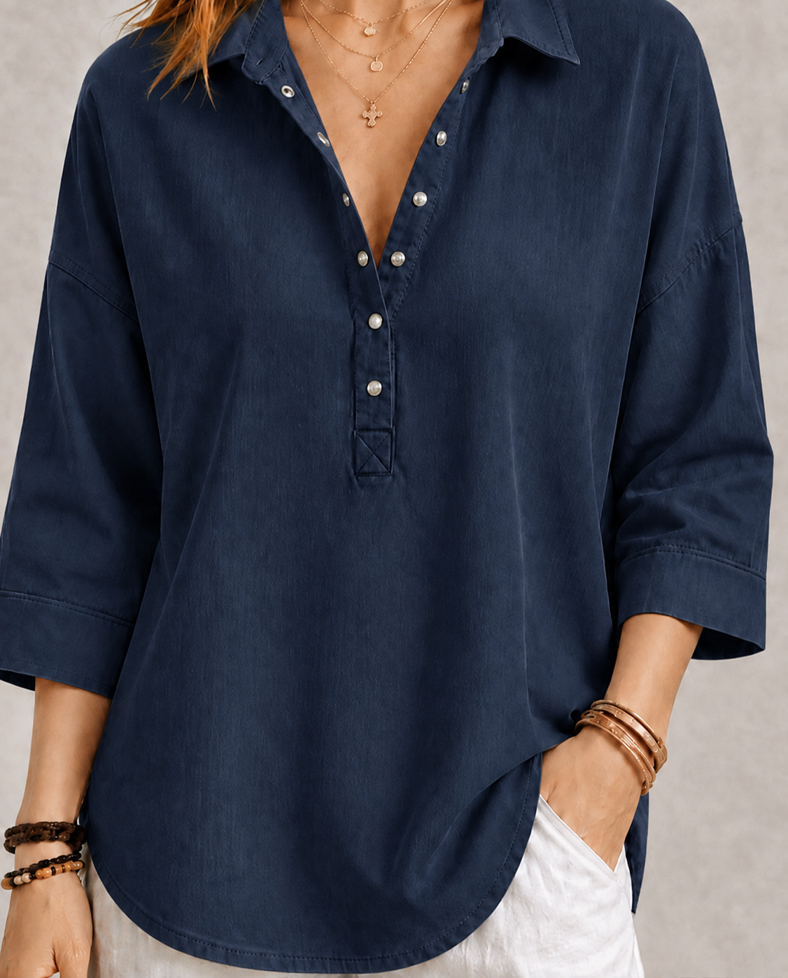 New Arrival🔥 Women's Casual Linen Blend Henley 3/4 Sleeve Shirt