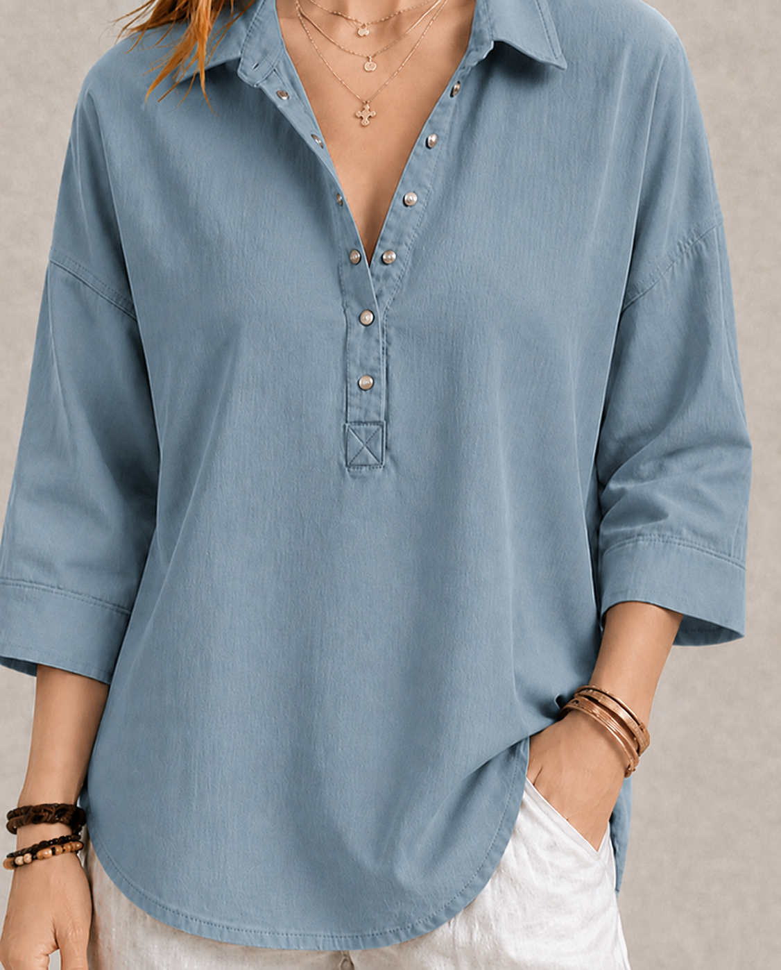 New Arrival🔥 Women's Casual Linen Blend Henley 3/4 Sleeve Shirt