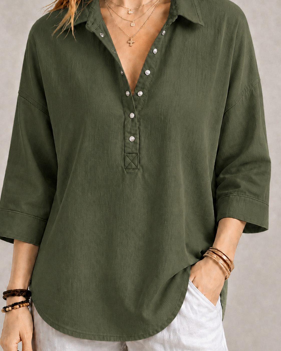 New Arrival🔥 Women's Casual Linen Blend Henley 3/4 Sleeve Shirt