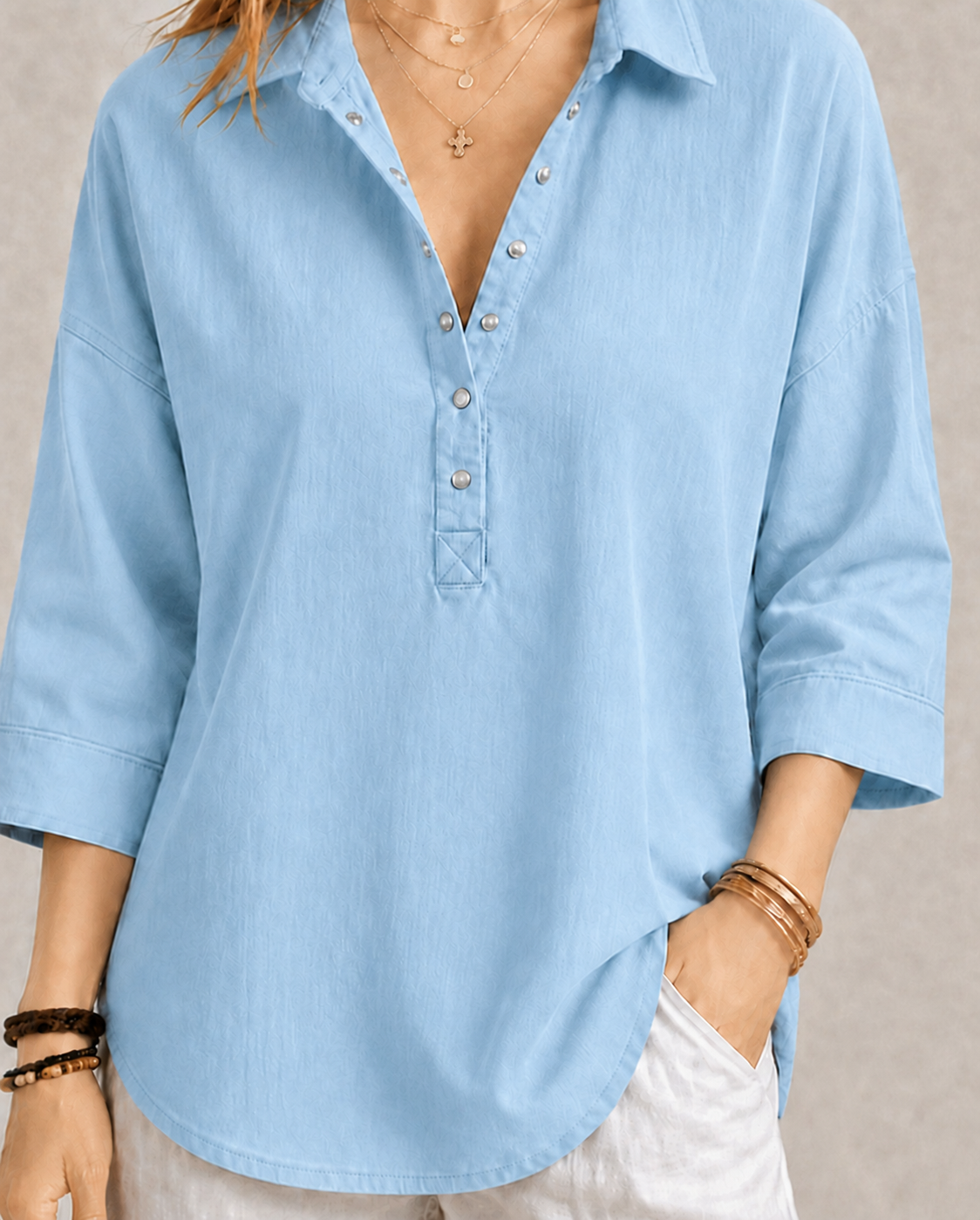 New Arrival🔥 Women's Casual Linen Blend Henley 3/4 Sleeve Shirt