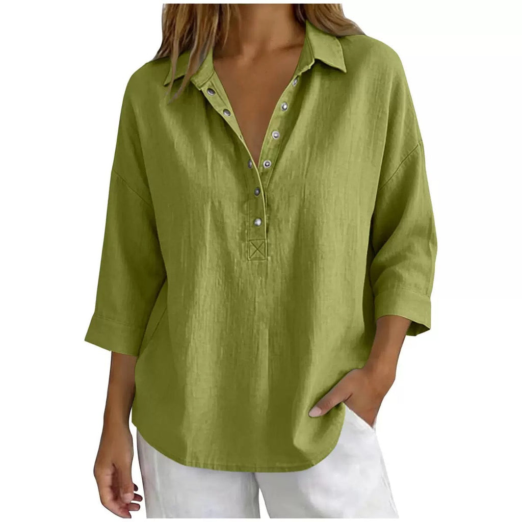 Green women's cotton-linen Henley shirt with 3/4 sleeves