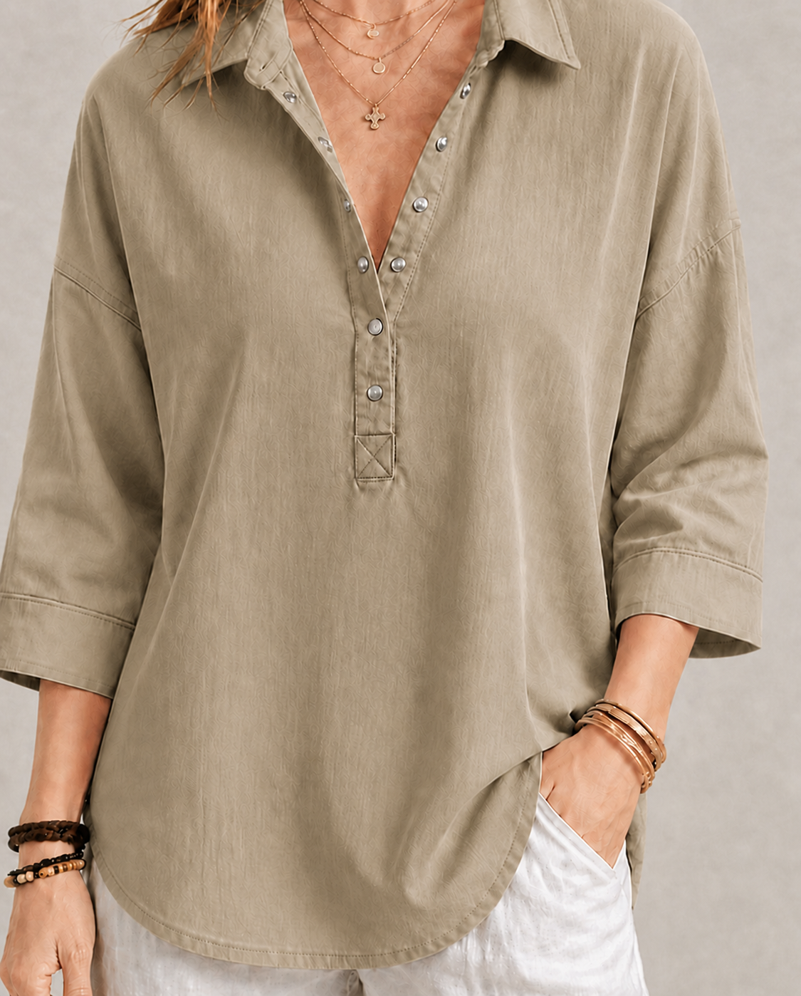 New Arrival🔥 Women's Casual Linen Blend Henley 3/4 Sleeve Shirt